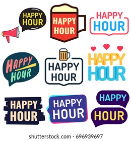 Happy Hour. Badge, Icon, Logo Set. Vector Illustrations On White Background. Business Concept For Cafe Or Restaurant.
