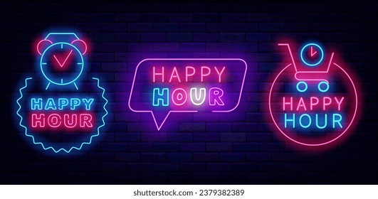 Happy hour badges collection. Alarm with shopping cart symbols. Think cloud frame. Special offer and discount. Bar and cafe labels. Glowing banner. Editing text. Vector stock illustration