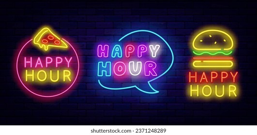 Happy-Hour-Badges-Kollektion. Reden Sie Blase Rahmen. Pizza und Hamburger Symbole. Sonderangebot und Rabatt. Bar und Café-Label. Glühendes Banner an der Ziegelwand. Bearbeiten von Text. Vektorgrafik