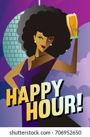 happy hour beautiful african afro woman toasting with beer