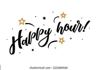 Happy hour. Beautiful greeting card poster, calligraphy black text Word golden star fireworks. Hand drawn, design elements. Handwritten modern brush lettering, white background isolated vector