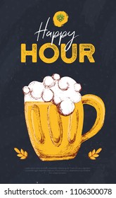 Happy Hour beer banner with sketch mug, pretzel, wheat isolated on dark background. Modern poster