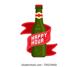 happy hour beer bottle vector illustration