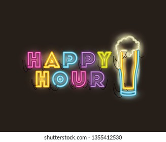 happy hour with beer jar fonts neon lights