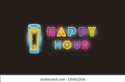 happy hour with beer jar fonts neon lights