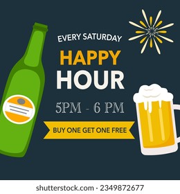 Happy hour beer poster in flat design.