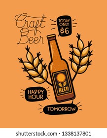 happy hour beers label with bottle and leafs