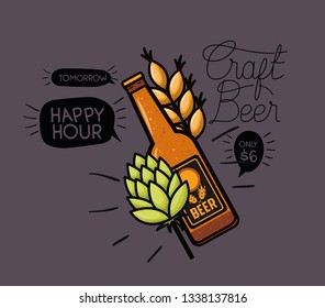 happy hour beers label with bottle and leafs