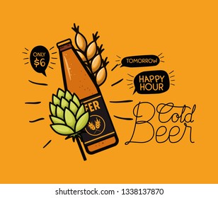 happy hour beers label with bottle and leafs