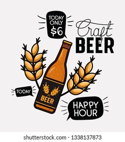 happy hour beers label with bottle and leafs