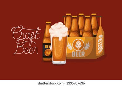 happy hour beers label with glass and bottles in basket