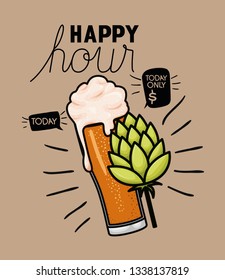 happy hour beers label with glass and leafs