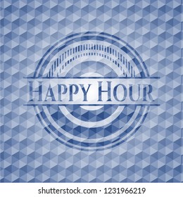 Happy Hour blue badge with geometric background.