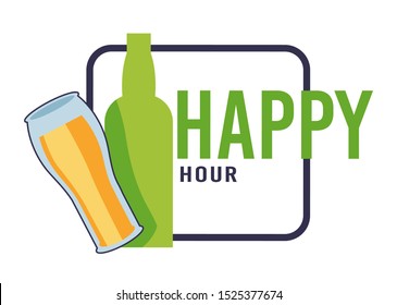 Happy hour with bottle and glass of alcohol drink, cocktail, beer icon. Beverages sharing after work day. Promo sticker on discounted or free alcoholic drinks. Vector illustration, white background.