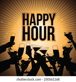 Happy hour burst with toasting hands design EPS 10 vector royalty free illustration for pubs, bars, nightclubs, restaurants, signage, posters, advertising, coasters, web, blogs, articles