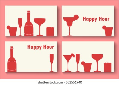 Happy hour business card template set with red bottle silhouette and different glass icons in minimal style. Stock vector illustration for cocktail party, restaurant, pub, cafe, bar promo ads.