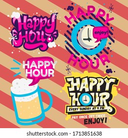 Happy Hour Call Sign Logo Related Vector Illustrations Designs.