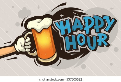 Happy Hour Cartoon Poster Design With An Illustration Of A Hand With A Mug Of Cold Beer On An Abstract Gray And Black Background With Bubbles And Stars.  Vector Graphic.