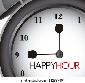 Happy Hour With Clock Alarm, Close Up. Vector Illustration