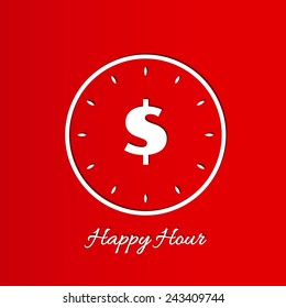 happy hour with clock on red background