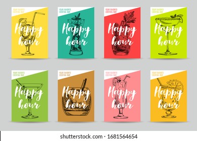 Happy hour cocktail bar menu design template, hand drawn retro vector illustration. Set of labels cards alcoholic beverages, vintage-style sketch isolated on white background.