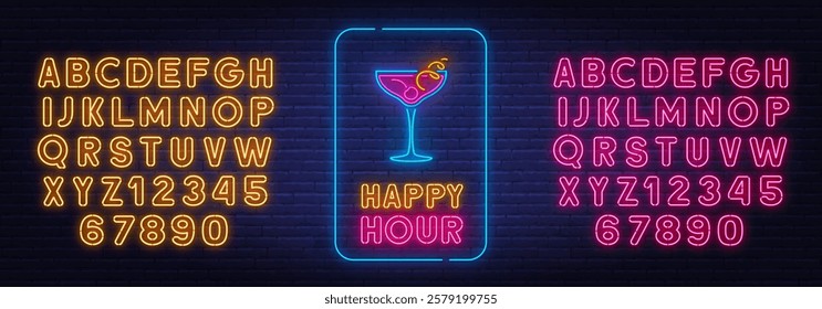 Happy Hour with cocktail neon sign on brick wall background