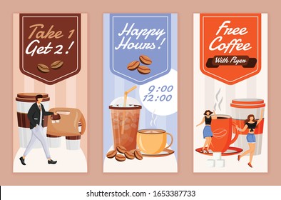 Hora feliz para los folletos de café planas vectoriales establecidos. diseño de folleto imprimible. Toma 1 bebida, toma 2. Cupón de café. Cartel vertical de la web de publicidad del capuchino libre, historias en medios sociales