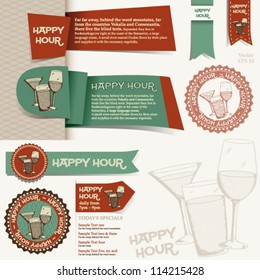 Happy Hour Collection: set of various design elements Ã¢Â?Â? banner, ribbon, icon Ã¢Â?Â? for happy hour layouts e.g.
