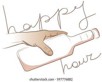 Happy hour. Colored Vector illustration. The hand holds a bottle. Hand-drawn drawing