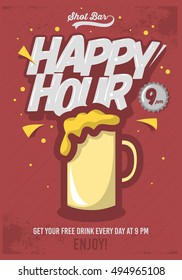 Happy Hour Concept Poster Template For Advertising. Comic Inscription. Grunge Background. Vector Image. 