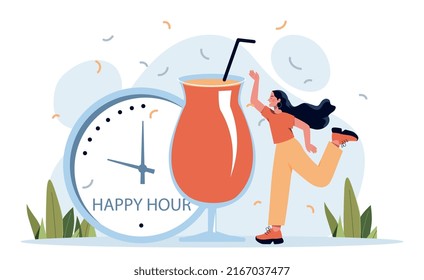 Happy hour concept. Woman with complementary alcoholic drink. Special offer for customers in bar, party character, advertising poster or banner for nightclub website. Cartoon flat vector illustration