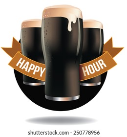 Happy hour dark beer ribbon design EPS 10 vector royalty free illustration for pubs, bars, nightclubs, restaurants, signage, posters, advertising, coasters, web, blogs, articles