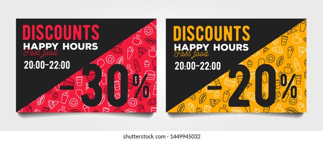 Happy hour discount cards with fast food linear icons pattern and percentage, bright and modern