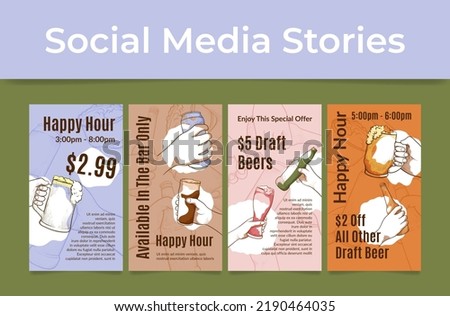 Happy hour draft beer marketing special offer sale discount social media stories set engraved vector illustration. Alcohol drink limited clearance human hands holding glass bottle can mug with malt