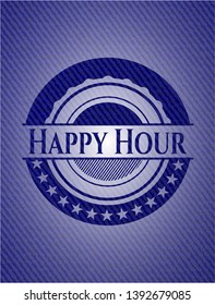 Happy Hour emblem with denim texture. Vector Illustration. Detailed.