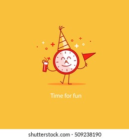 Happy hour, event celebration. New Year countdown, happy birthday party fun time. Flat design vector illustration