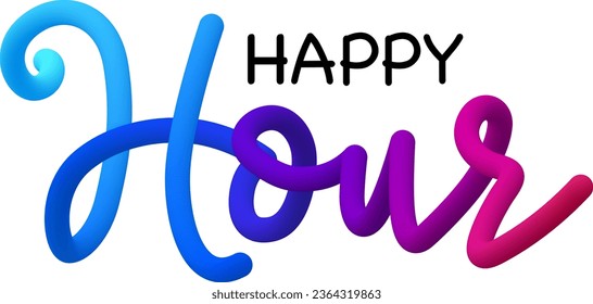Happy hour fluid text with dynamic curved lines made of blended colorful circles. Vector illustration.