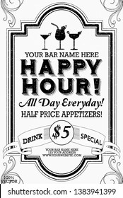 Happy hour flyer design on chalkboard. It can be useful whether it is a specific show, club event, or special attraction.