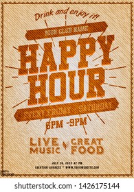 Happy hour flyer design on grunge white. Beautiful greeting card poster with beer mug and lettering. Buy one beer get one free. It can be useful whether it is a specific show, club event.