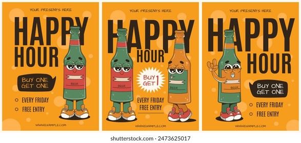 Happy Hour flyer layout in retro groovy style. Posters set with cute beer characters. Vector illustration.