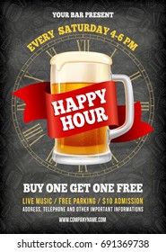 Happy Hour. Free beer. Vintage illustration template for web, poster, flyer, invitation to party. Vector stock illustration.