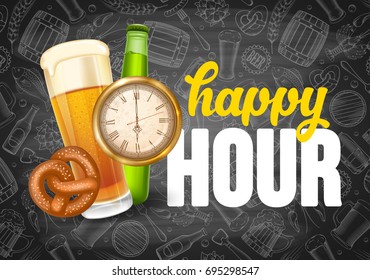 Happy Hour. Free beer. Vintage illustration template for web, poster, flyer, invitation to party. Vector stock illustration.