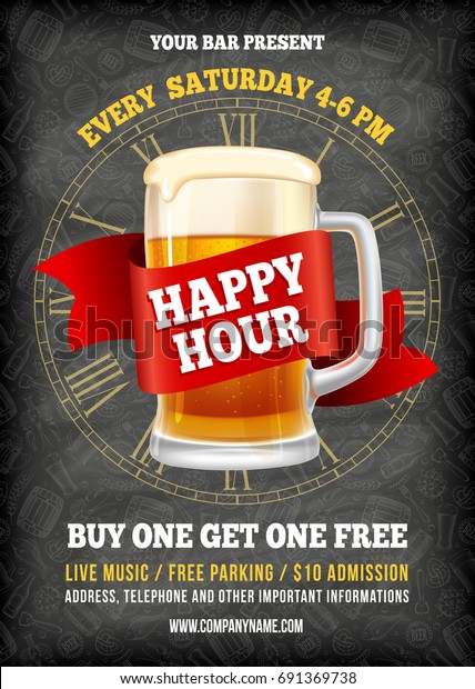 Hedendaags Happy Hour. Gratis bier. Vintage illustratie stockvector HI-46