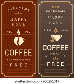 Happy Hour. Free Coffee Flyer. Colorful Vector Illustration. Cup Silhouette.