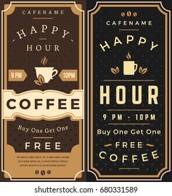 Happy Hour. Free Coffee Flyer. Colorful Vector Illustration. Cup Silhouette.