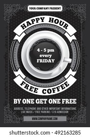 Happy Hour. Free Coffee. Vintage illustration template for web, poster, flyer, invitation to party. Vector stock illustration.