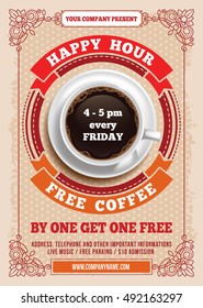 Happy Hour. Free Coffee. Vintage illustration template for web, poster, flyer, invitation to party. Vector stock illustration.