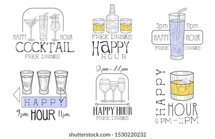 Happy Hour Free Drinks Hand Drawn Retro Labels Set, Cocktails Monochrome Badges Vector Illustration