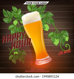 Happy Hour. Free glass beer with hop on wooden background. Vintage illustration template for web, poster, flyer, invitation to party. Vector stock illustration in realistic style.