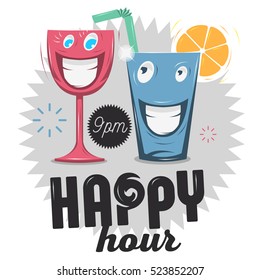 Happy Hour. Funny Cartoon Smiling Glass Characters.  Vector Graphic. 